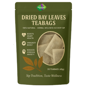 Eco-friendly pouch of Revive Dried Bay Leaves Teabags showing 20 herbal tea bags for heart health, immunity boost, and stress relief.
