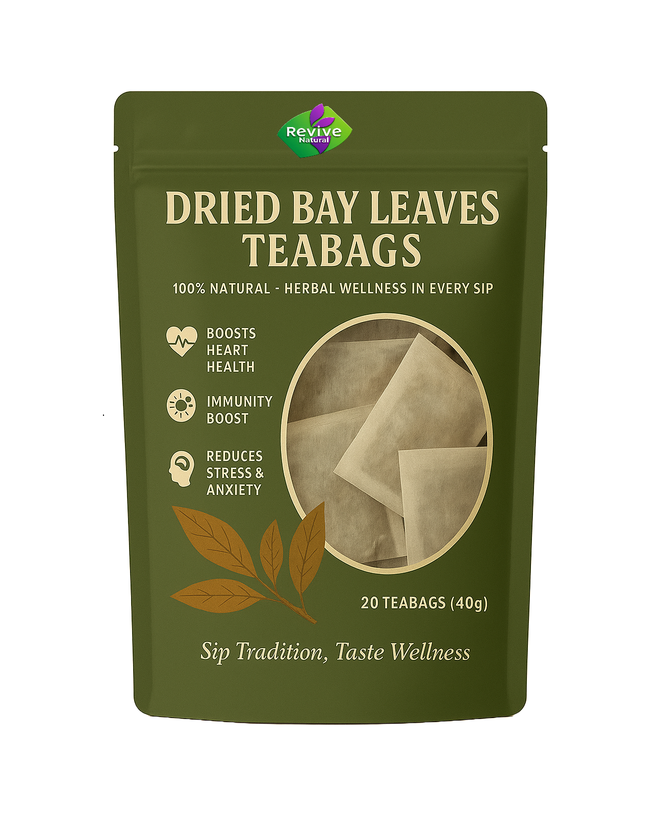 Eco-friendly pouch of Revive Dried Bay Leaves Teabags showing 20 herbal tea bags for heart health, immunity boost, and stress relief.