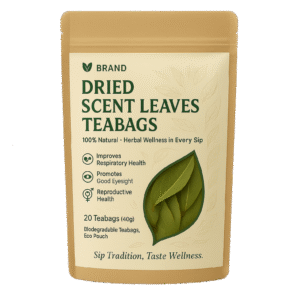 Eco-friendly pouch of Revive Dried Scent Leaves Teabags showing 20 natural herbal teabags that support respiratory health, good eyesight, and reproductive wellness