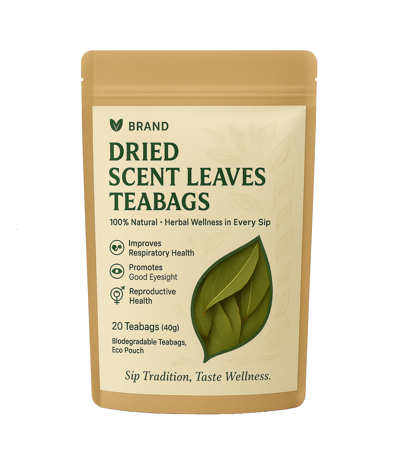 Eco-friendly pouch of Revive Dried Scent Leaves Teabags showing 20 natural herbal teabags that support respiratory health, good eyesight, and reproductive wellness
