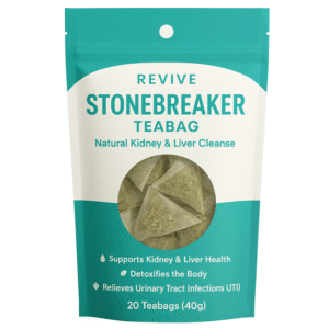 Eco-friendly pouch of Revive Stonebreaker Teabags featuring 20 natural teabags for kidney and liver detox, body cleansing, and urinary tract health.