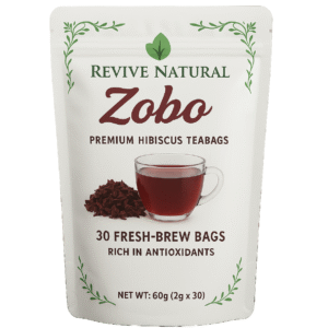 Packaging and brewed cup of Revive brand Zobo Herbal Teabags, a premium wellness product.